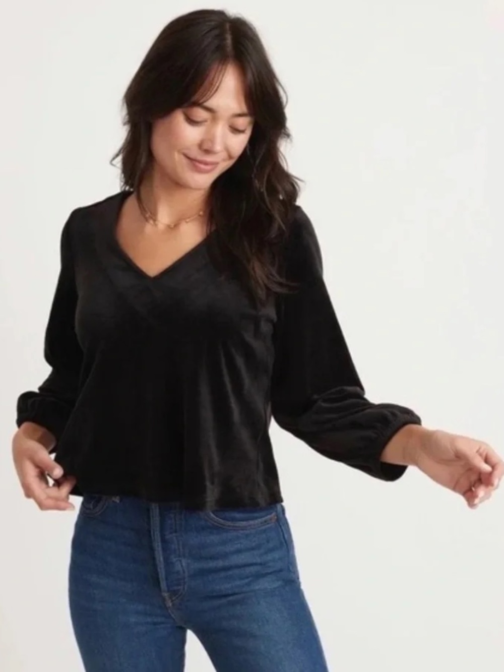 Marine Layer Jasmine Velour V-Neck Top Black Velvet Size Small - Picture 1 of 10